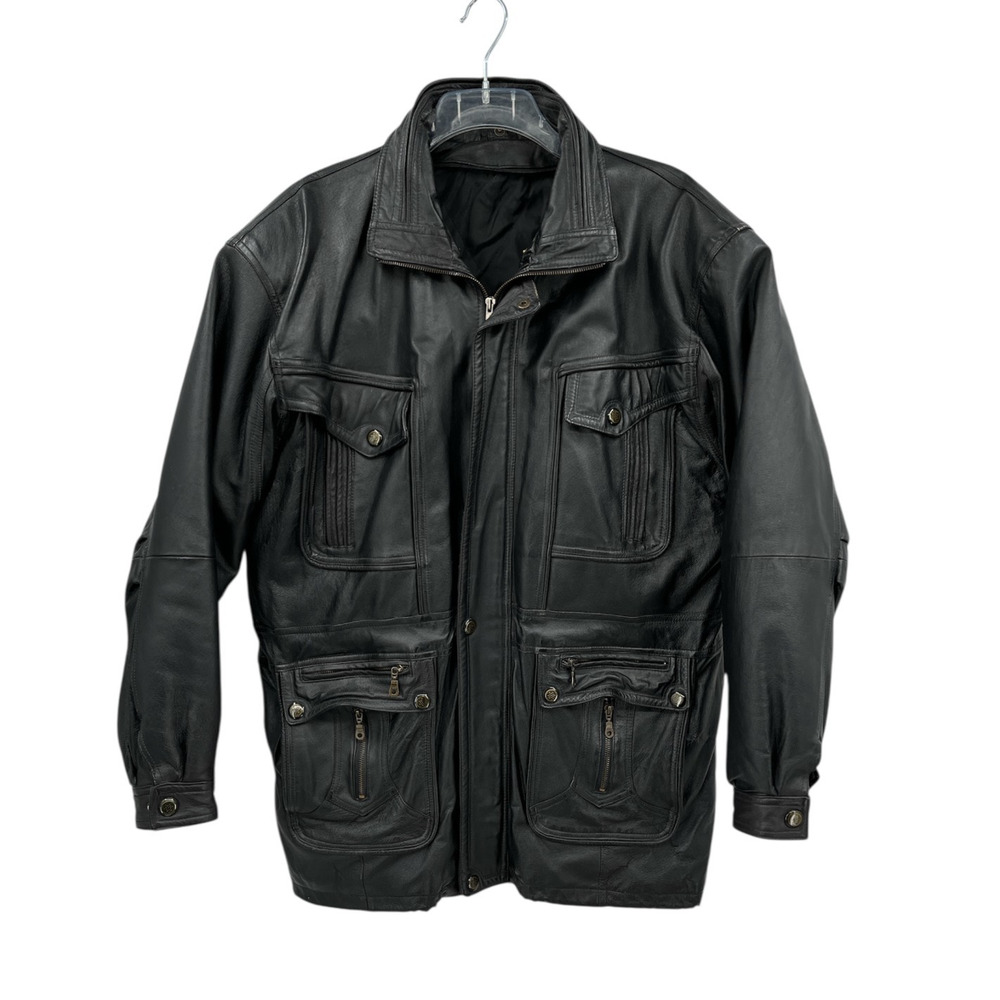 Vtg Mens Black Leather Jacket Front Pockets w/ Zippers Cinch Waist